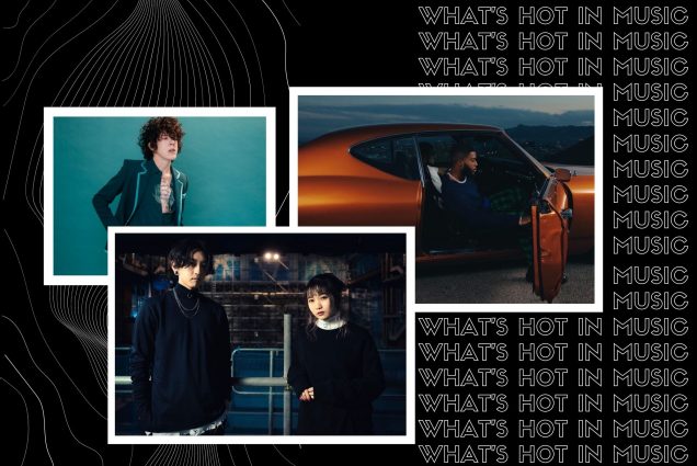 collage of artists releasing music in december 2021. Black image with arc white lines features Khlalid, Yaosobi, and LP on polaroid-style borders. Block Text on right behind image reads "What's Hot in music" multiple times.