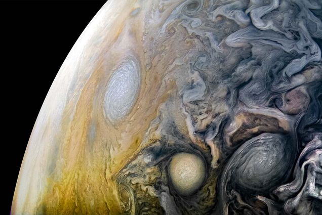 See intricate cloud patterns in the northern hemisphere of Jupiter in this new view taken by NASA's Juno spacecraft. The color-enhanced image was taken on April 1, 2018 at 2:32 a.m. PST (5:32 a.m. EST), as Juno performed its twelfth close flyby of Jupiter. At the time the image was taken, the spacecraft was about 7,659 miles (12,326 kilometers) from the tops of the clouds of the planet at a northern latitude of 50.2 degrees. Citizen scientist Kevin M. Gill processed this image using data from the JunoCam imager. https://photojournal.jpl.nasa.gov/catalog/PIA21984 . - Enhanced image by Kevin M. Gill (CC-BY) based on images provided courtesy of NASA/JPL-Caltech/SwRI/MSSS