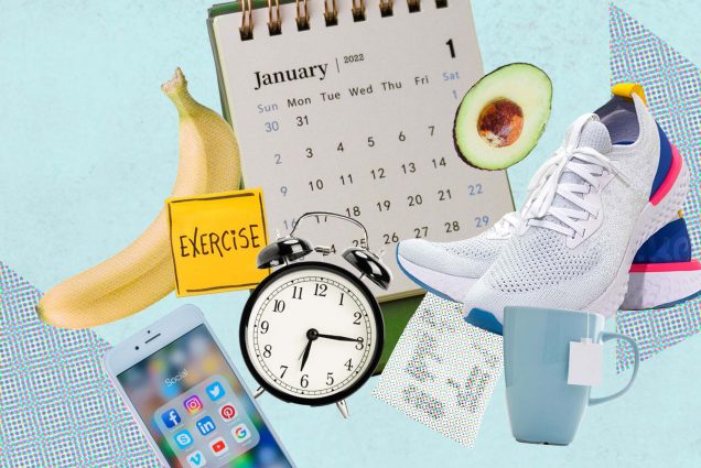 Collage of items related to new years resolutions on a textured blue and printed dot background. Items include: a banana, avocado, phone, clock, running shoes, a sticky note that says "Exercise" a receipt and a cup of tea.