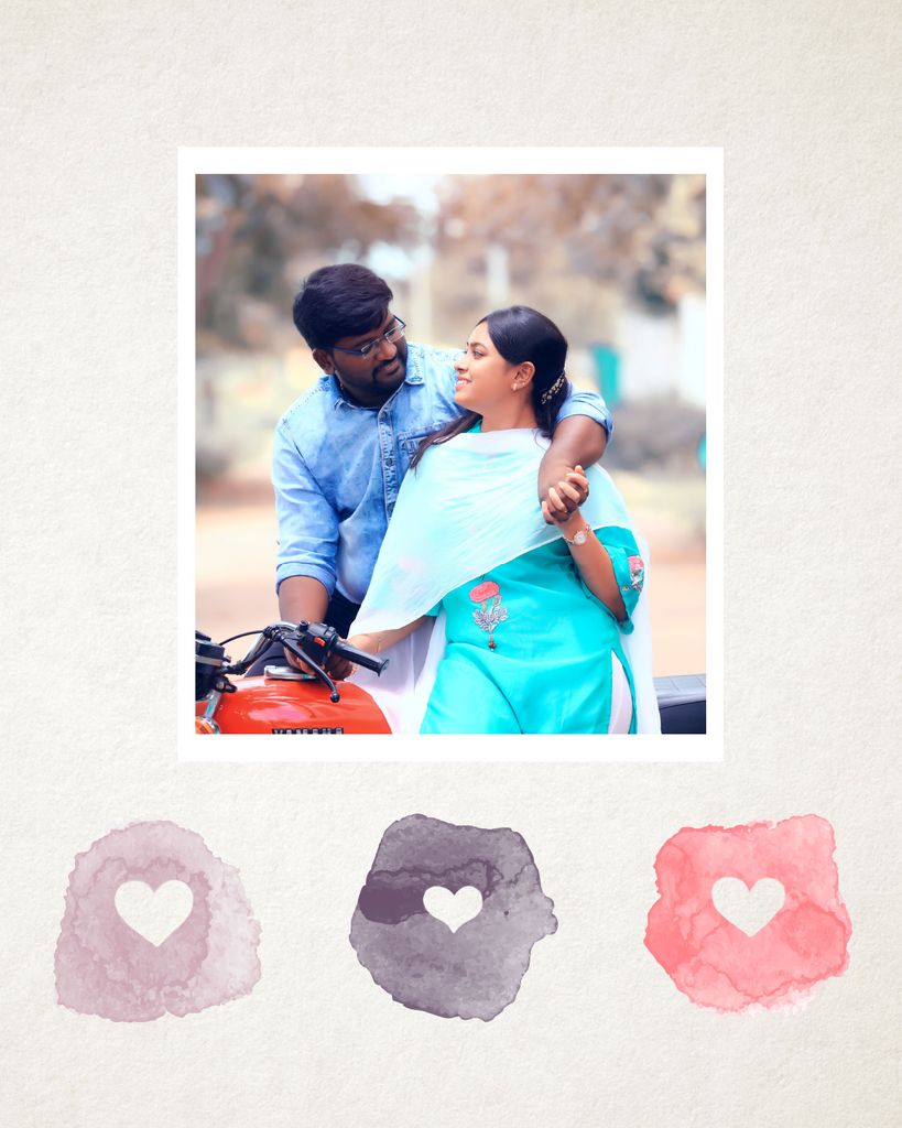 Photo of Rex Jeya Rajkumar Samdavid Thanapaul and his partner, who is dressed in a bright blue dress; the couple clasps hands as they lean against what looks like a motorcycle. The photo has a white outline that looks like that of a polaroid.  The photo is overlaid on a background with watercolor blobs with hearts cut out