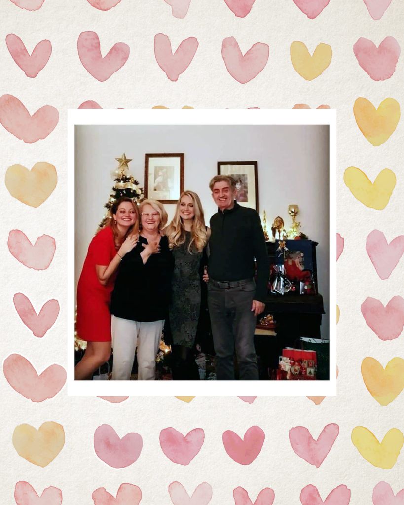 Photo of Chiara Bovina surrounded by presumably members of her family at christmas celebration; a christmas tree and frames are seen in the background.  The photo is overlaid on a repeating pattern of yellow and pink watercolor hearts.