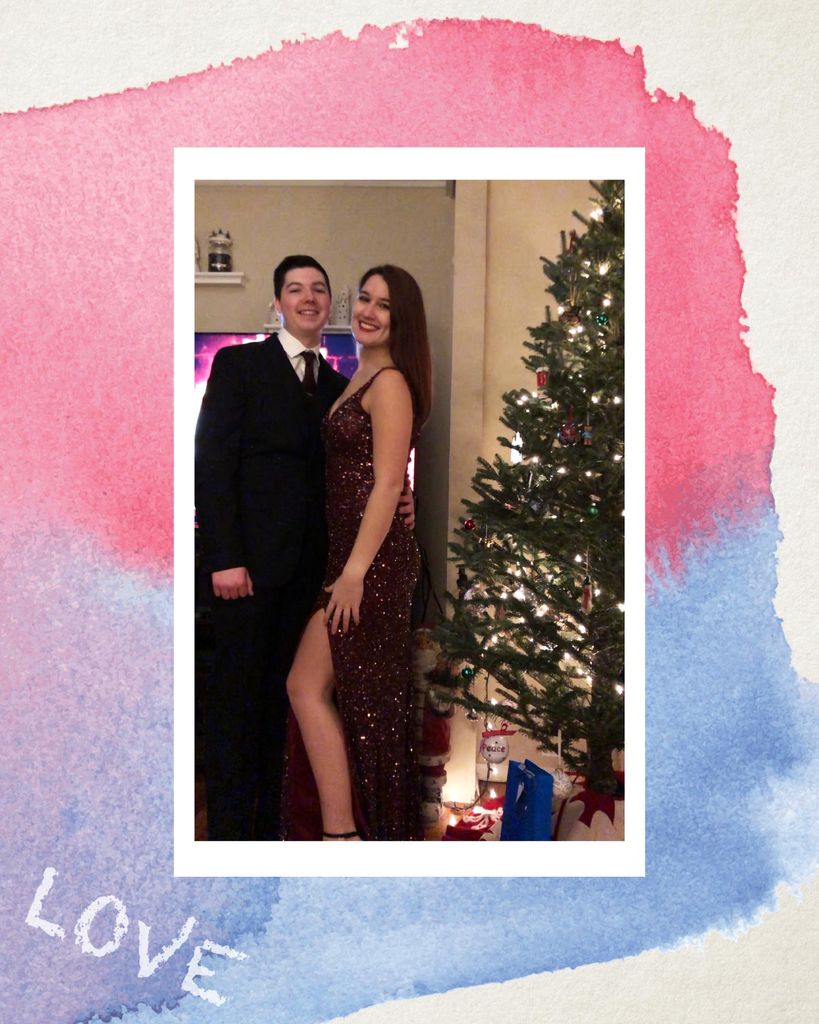 Photo of Olivia Bene and her partner in formal attire, smiling and posing near a Christmas tree. The photo has a white border, similar to that of a polaroid, and is on a background with a pink and blue watercolor blob. “Love” is written on the left of the blob.