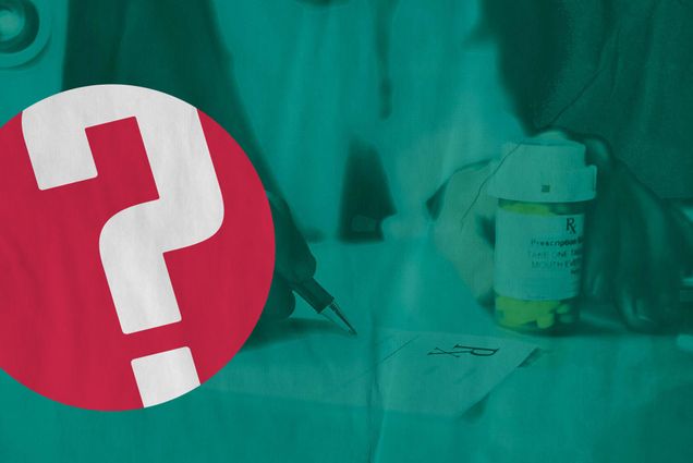 Photo of a doctor's hand as they write up a prescription with a bottle of pills nearby. Photo has a teal overlay and is made to look like it has been poorly printed. Red question of the week logo is overlaid.