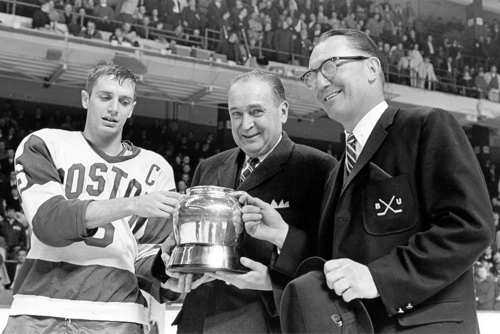 Before becoming BU’s head coach, Jack Parker (Questrom’68, Hon.’97) (left) was the captain of the Beanpot-winning team in 1968, coached by head coach Jack Kelley (right).