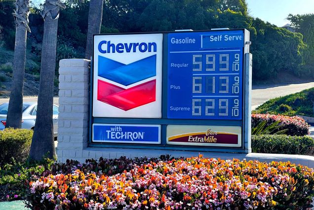 an image of a gas pump in california showing prices as high as 5.99/gallon for regular gasoline