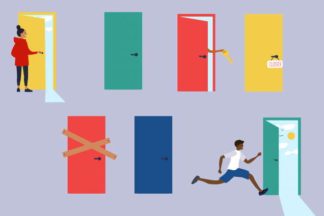 Illustration of students opening doors to find sunshine on the other side. Some doors are closed, one door has an arm sticking out with a key. The illustration has a purple background and the doors are bright pink, blue, yellow and teal.