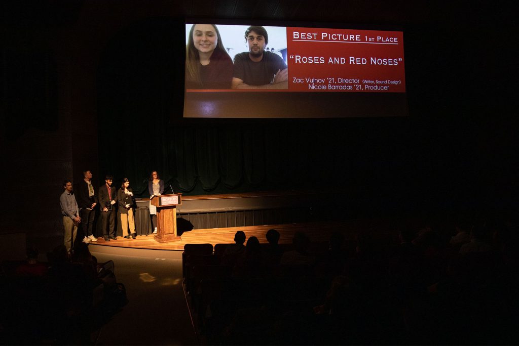 Roses and Red Noses won first place, as well as nods for best cinematography and best sound design, and tied for best editing. “This project was born not from freedom, but more from restrictions and regulations,” said director Zac Vujnov (COM’21) as he accepted the award, on Zoom from Los Angeles.