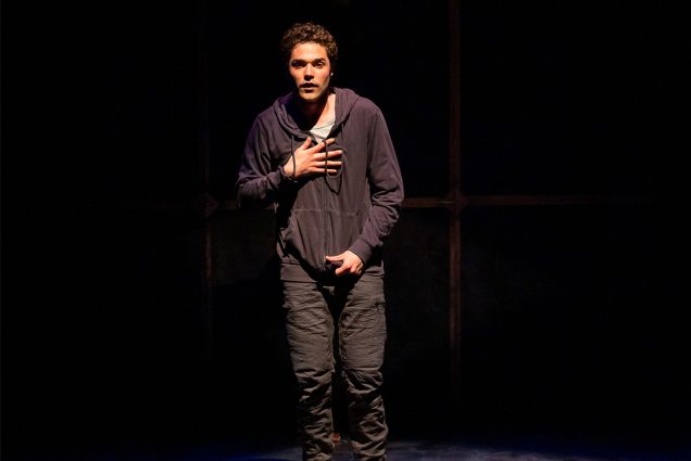 Mishka Yarovoy (CFA’23) stands barefoot centerstage in the scene where his two characters meet in SpeakEasy Stage’s production of Matthew Lopez’s Tony Award–winning drama, The Inheritance. Photo by Nile Scott Studios