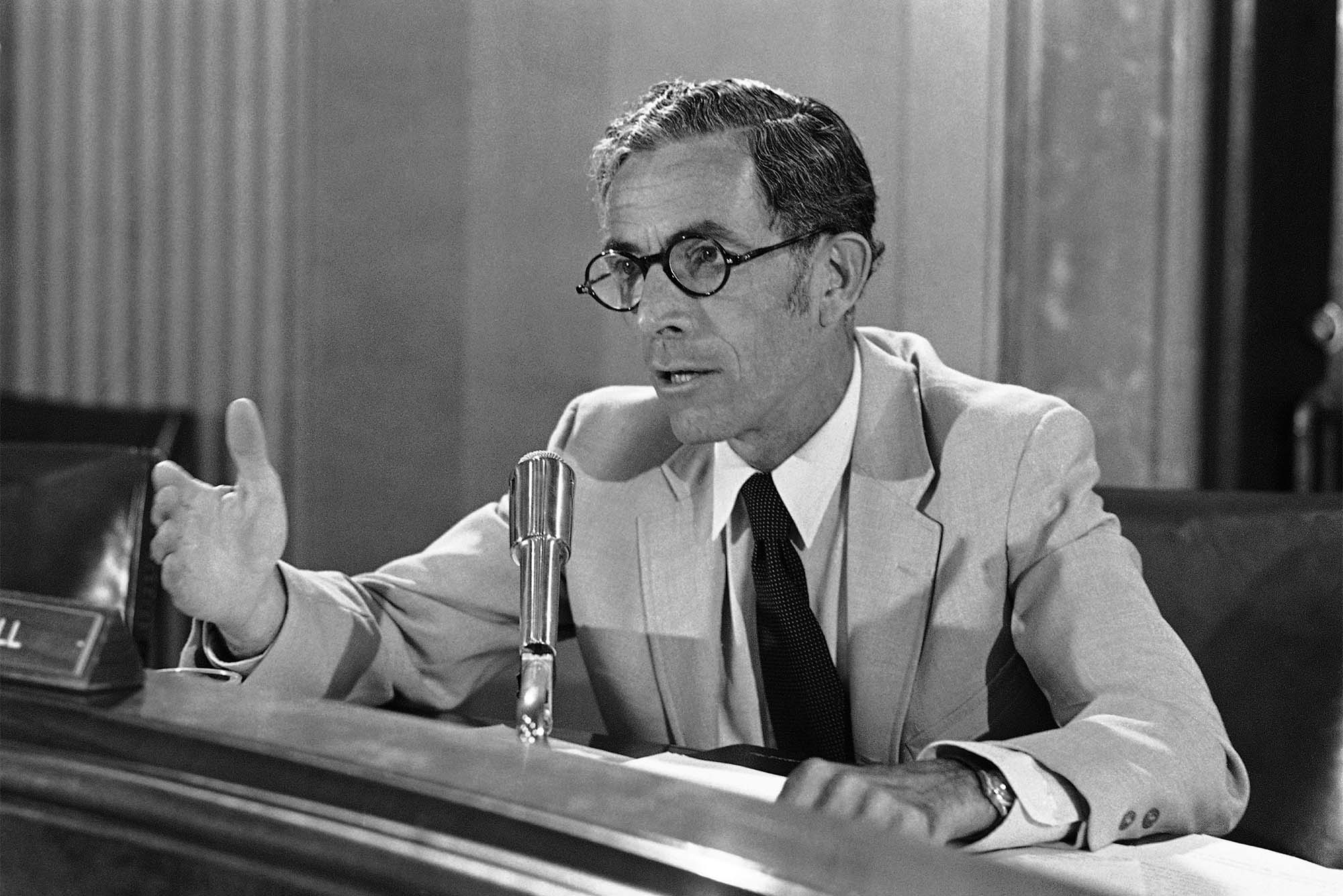 Sen. Claiborne Pell, D-R.I., chairman of Senate Foreign Relations subcommittee, gestures during the subcommittee's hearings on Wednesday, July, 26, 1972 in Washington. (AP Photo/ Harvey Georges)