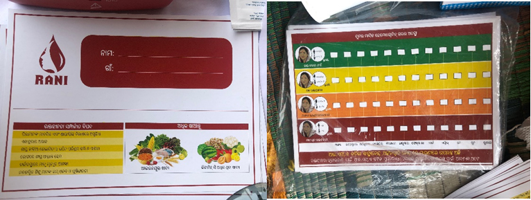 Photos: Left photo shows  the back of a card that has a large red box that reads "Rani" and has room to write in foods and symptoms. The right photo shows the front of the card with 4 rows of checkboxes, color-coded with green, yellow, orange, and dark red.
