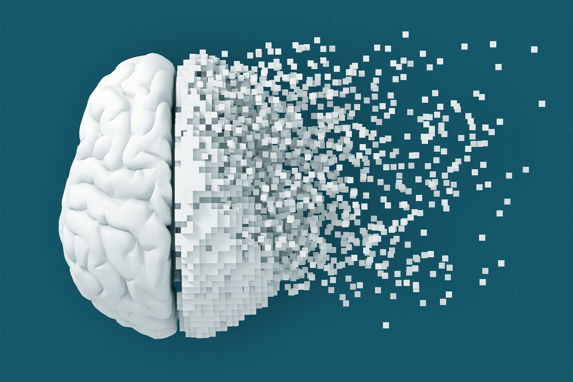 A vector illustration of a brain pixelating and dissolving from left to right