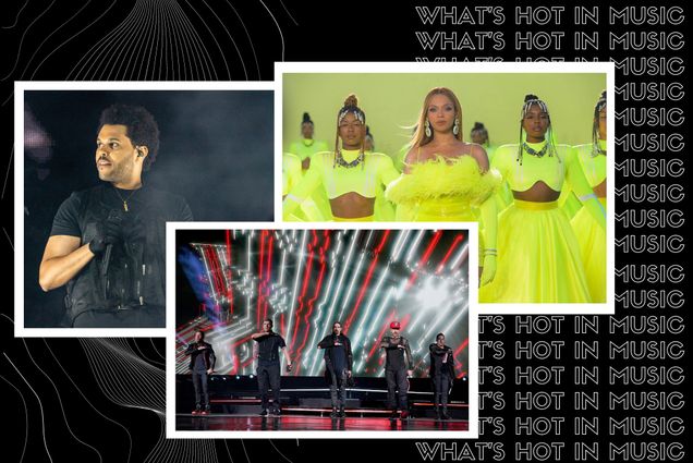 Image: collage of artists either hosting concerts in Boston in July 2022 or with new albums coming out in July. Black background with outline-font white lines features photos of The Weeknd, Beyonce, and The Backstreet Boys. Each photo has white, polaroid-style borders. At left, the Weeknd performs at Coachella in a black outfit, mic in hand; he is a young Black man with a small afro. At right, Beyonce, flanked with dancers on either side, all of whom wear bright, highlighter yellow dresses with feathers, during her Oscars performance. The The Backstreet Boys perform during The DNA World Tour at iThink Financial Amphitheatre on June 22, 2022 in West Palm Beach, Florida. All five are seen on stage in different black outfits, dancing. Behind them, a huge screen is lit with red and white jagged lines. Text on right behind image reads "What's Hot in Music" in a repeating pattern.