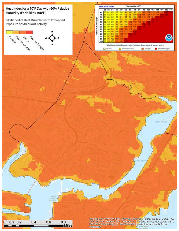 Image: Map of Massachusetts zoomed in on the Chelsea location that shows the Heat Index for a 90°F Day with 60% Relative Humidity (Feels likes 100°F ). Map is colored in yellow, yellow orange, orange, and red where the colors indicate the likelihood of Heat Disorders with Prolonged Exposure or Strenuous Activity. Chelsea is largely colored orange with yellow orange borders.
