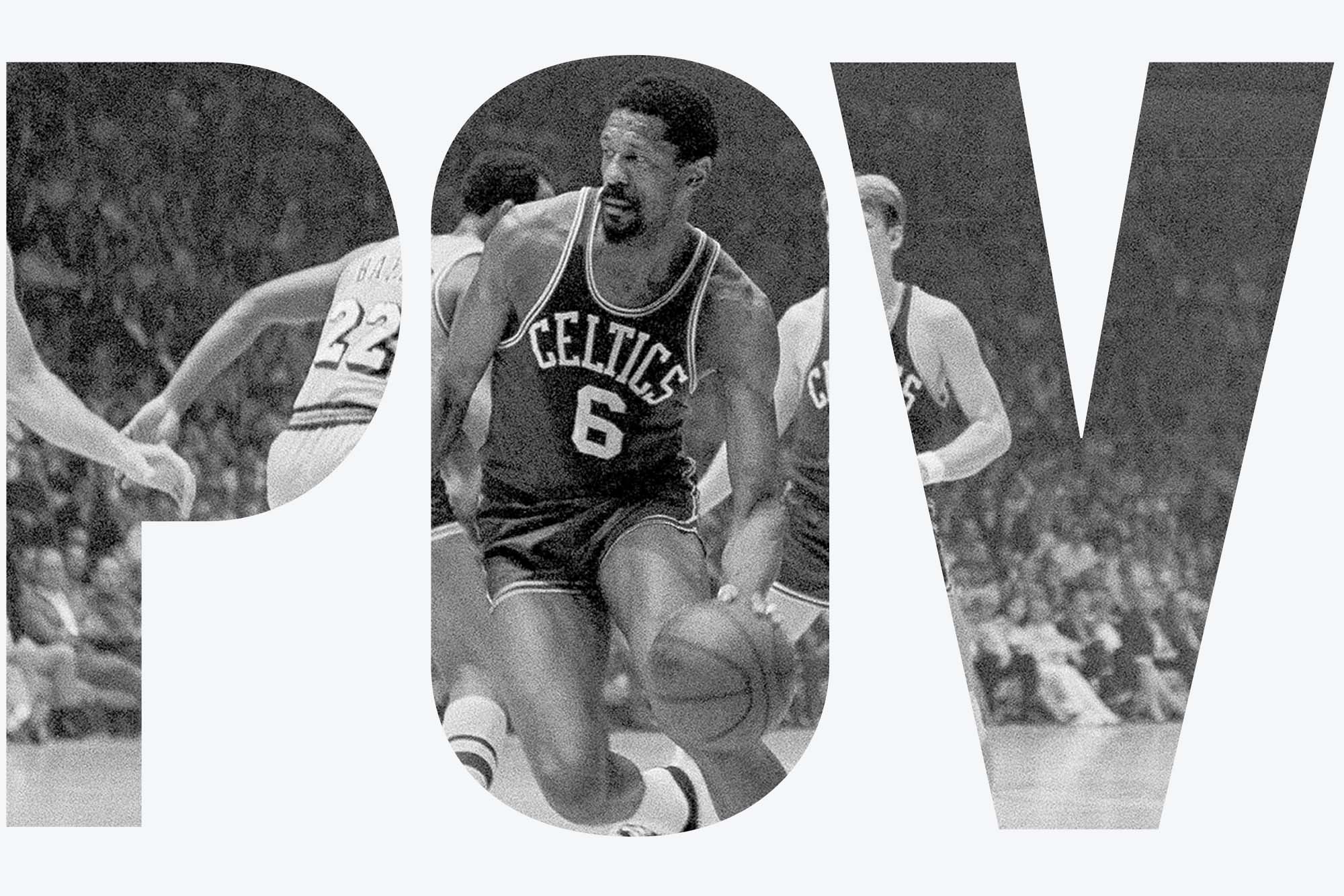 Black and white photo of Bill Russell, of the Boston Celtics, driving to the basket against the Los Angeles Lakers in the teams' final NBA playoff game in Los Angeles, May 5, 1969. White overlay features transparent letters that read "POV"