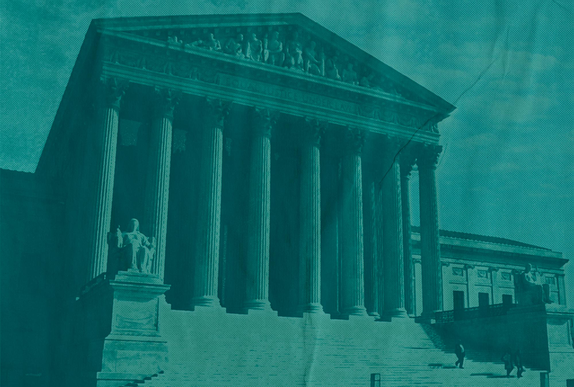 Photo of the US supreme court on a sunny day, with a few people walking down the white marble stairs. The photo has a teal overlay and misregistration effect to look like it was printed.