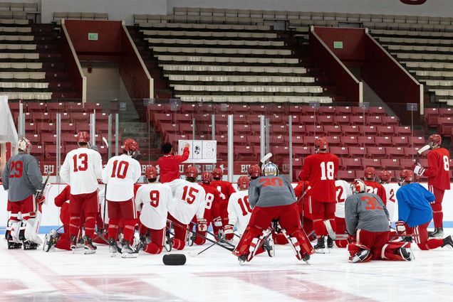 BU men’s ice hockey players and new head coach Jay Pandolfo (CAS’96), who says his players are driven going into the 2022-23 season opener: “We had a lot of guys come back that maybe could have moved on. I don't think they want to leave anything on the table this year.” Photos by Jenna VanSickle