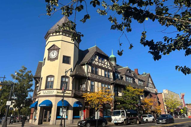 Photo: Coolidge Corner, Brookline's iconic clock on the corner of a four way intersection.