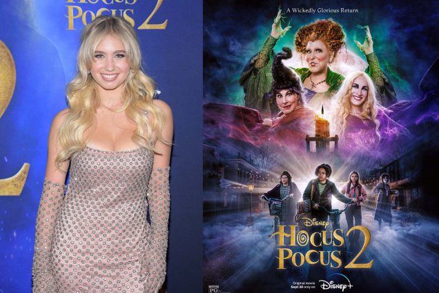 Collage: (left) Photo of Lilia Buckingham. A young white woman with long blonde hair poses in front of a blue Hocus Pocus 2 backdrop. She wears a light, sequined gown and matching gloves. (right) Movie Poster for the Hocus Pocus 2 movie. Poster features headshots of the three main witches and the teen protagonists below them in a purple and black theme. Gold words below all of them read "Hocus Pocus 2".