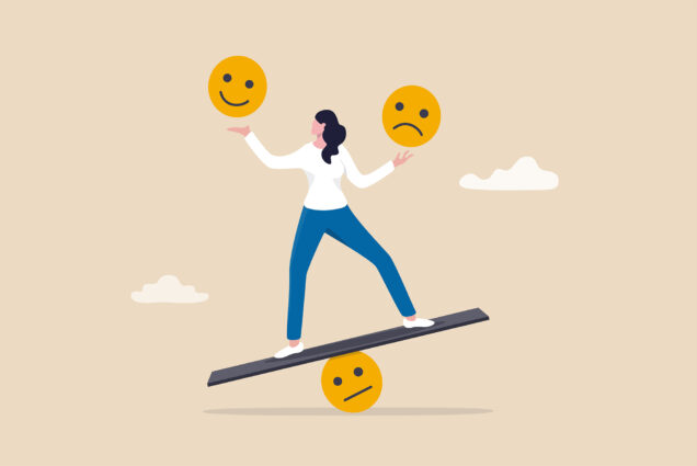 Illustration of a woman using her hands to balance a smiley face and sad face. She balances on a board that sits on top of a neutral face.