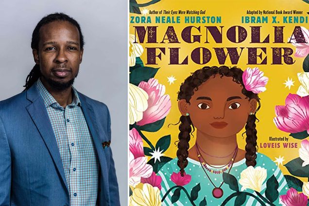 Collage: (right) Cover of the book "Magnolia Flower". (left) Portrait of Ibram X. Kendi, founding director of the Boston University Center for Antiracist Research.