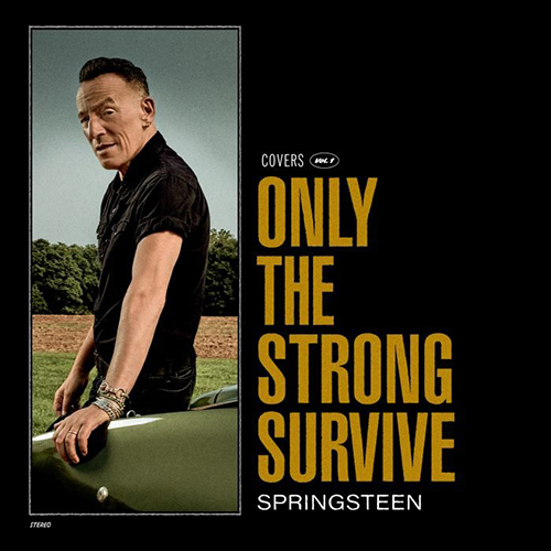 Album cover of "Only the Strong Survive" by Bruce Springsteen. Springsteen leans against a green car and poses for the camera. Text reads "Only the strong survive".