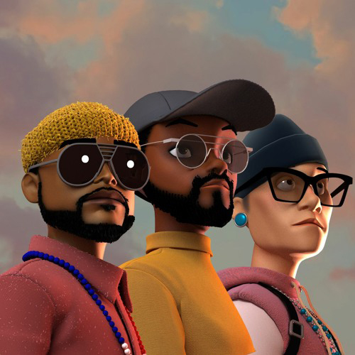 Image: 3D cartoon renderings of the Black Eyed Peas are shown on a sunset background.