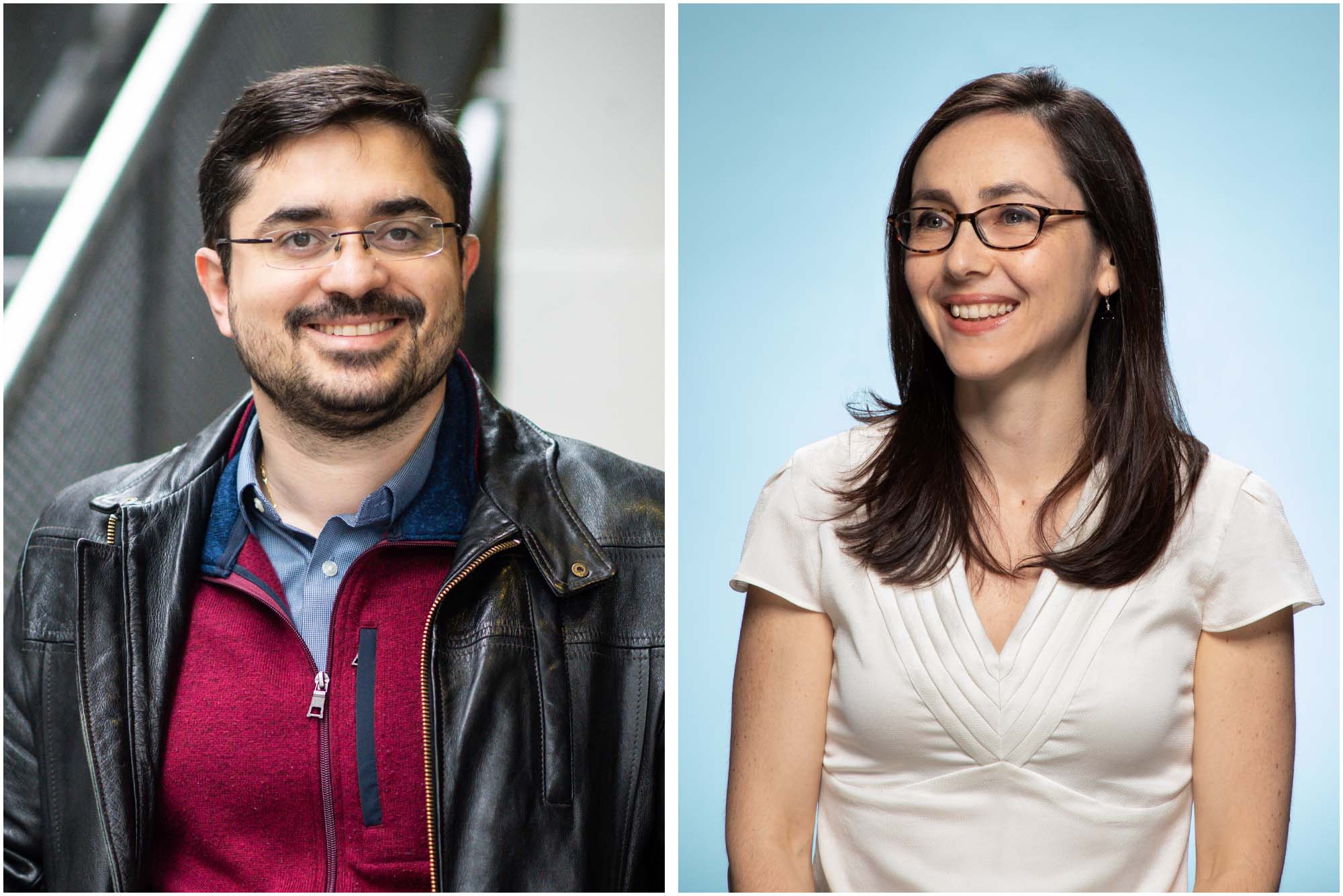 Collage: (left) Photo of Manos Athanassoulis, Assistant Professor of Computer Science, stands and leans against a yellow railing as he poses for a photo. A tan man wearing wire frame glasses, a red sweater vest, and leather jacket, smiles and poses for the photo. A set of blurry photos can be seen behind him. (right) Photo: Headshot of Masha Kamenetska. A smiling white woman with long brown hair wearing a white blouse and glasses, smiles and poses in front of a light blue background.