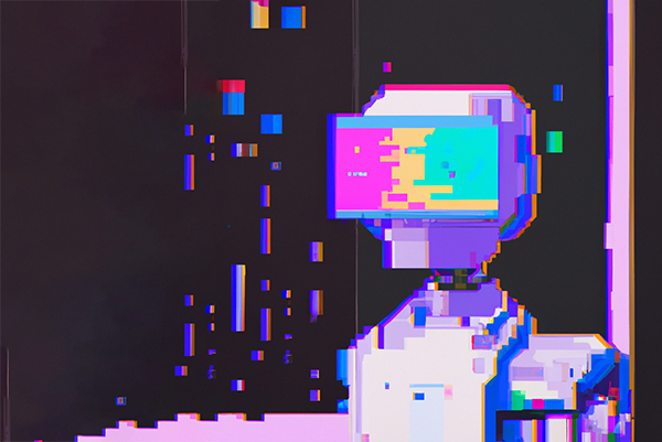Image: AI-generated retro illustration of a purple-themed robot placed against a black background.