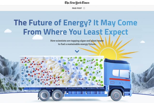 A screenshot of a paid news article on New York Times online about the future of energy. The post was paid for by large fossil fuel company Exxon