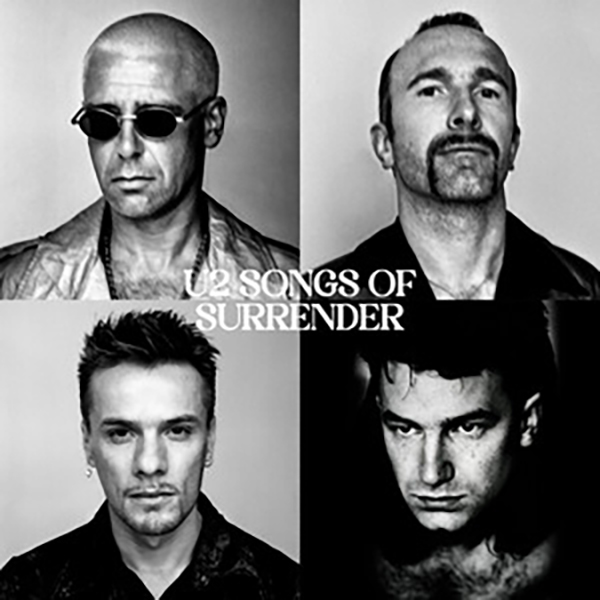 Album cover for "Songs of Surrender" by U2 shows four black and white headshots of four white men posing for photos. The center text reads "U2 Songs of Surrender"