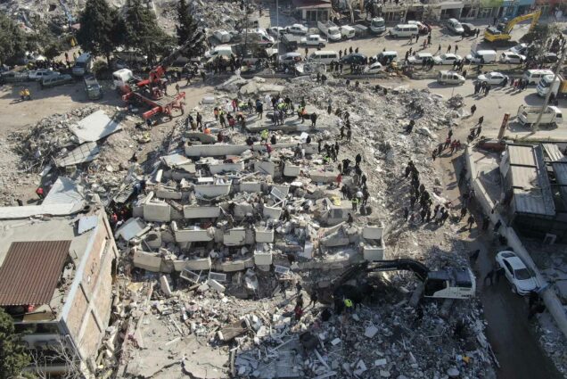 Photo: A birds-eye view of the destruction from the earthquake in Turkey. Mass rubble from a fallen structure is scattered everywhere.