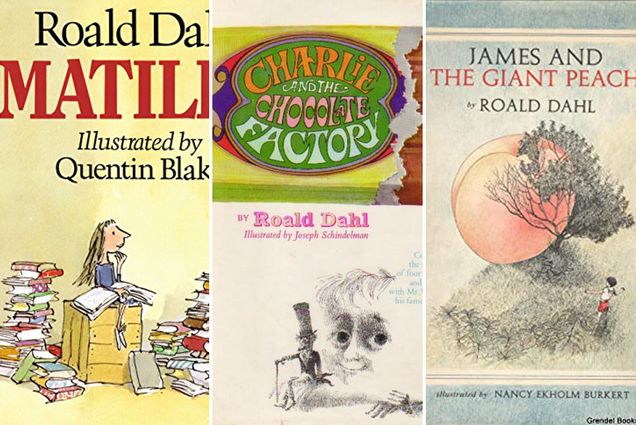 Collage: Three covers from Roald Dahl's books are shown in a row. From left to right, the covers of "Matilda", "Charlie and the Chocolate Factory", and "James and the Giant Peach" are shown.