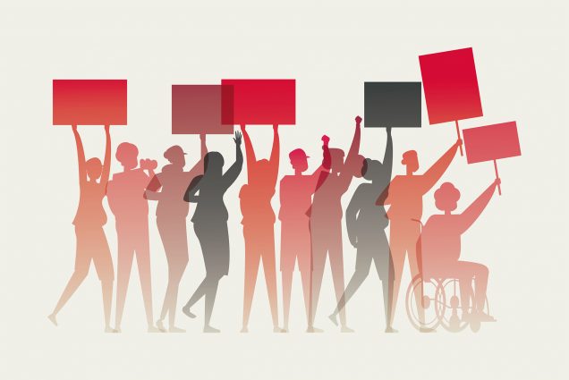 Image: Vector illustration of red and black silhouettes of a diverse group of people holding signs and megaphones in an act of protesting.