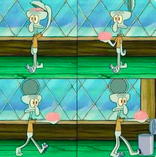 This is a "meme," with four photos stitched together from the TV show, Spongebob. Squidward, a character from Spongebob, is shown in each picture 'removing his brain.' In the first picture, he is show opening his head, the second picture he is shown taking out his brain, and the third he is walking with the brain while his head it still open. In the final picture, he is in front of a trashcan, attempting to dispose of his brain, while his head is 'still open.'
