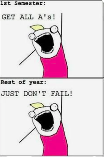 This picture is a 'meme' and shows to cartoons stitched together. The cartoon is the same in both photos, with different captions. The cartoon is a human-like character with a wide-open both and an arm up, reflecting that the person is enthusiastic or excited. The caption on the first picture states "1st semester: Get All A's" and shows the cartoon character below it, celebrating. The second picture says "Rest of year: Just don't fail!"
