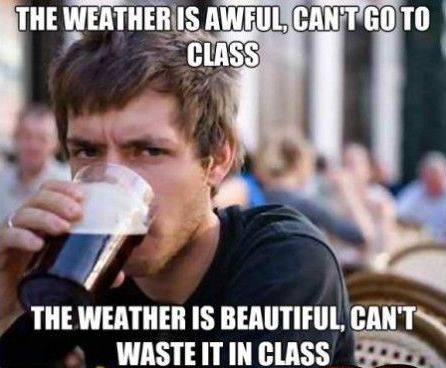 This 'meme' shows a picture of a young, brunette man that is sipping what appears to be a coffee. He is out in a public setting and is making eye contact with the camera, with his eyebrows furrowed. The caption fills the top and bottom of the image and reads "The weather is awful, can't go to class" and the bottom reads "the weather is beautiful, can't waste it in class". 