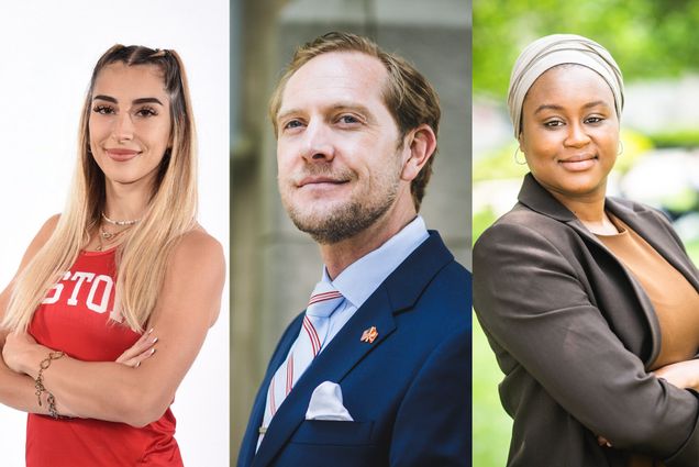 Composite Image: 3 Grad students' portrait headshots are cropped together in this photo. A woman on the left is wearing a red Boston University basketball jersey. The man in the middle is wearing a purple suit and tie. The woman on the right is wearing a brown blazer and a headscarf.