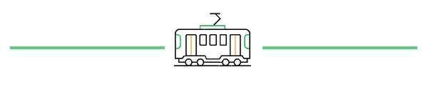 Image: Yellow and green themed icon of a trolley. Two green lines bookend the icon to make a banner.