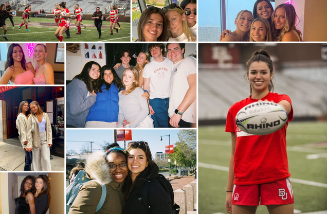 This is a collage of photos from rising junior Sophia Caffrey (COM'25). They showcase her life thus far at Boston University. With everything from her in her BU rugby uniform, to hanging out with her sorority sisters as various events, or her hanging out in the dorm room with friends, each photo showcases her BU experience. Sophia is a brunette with medium-length hair and tan skin. She is in each of the photos.