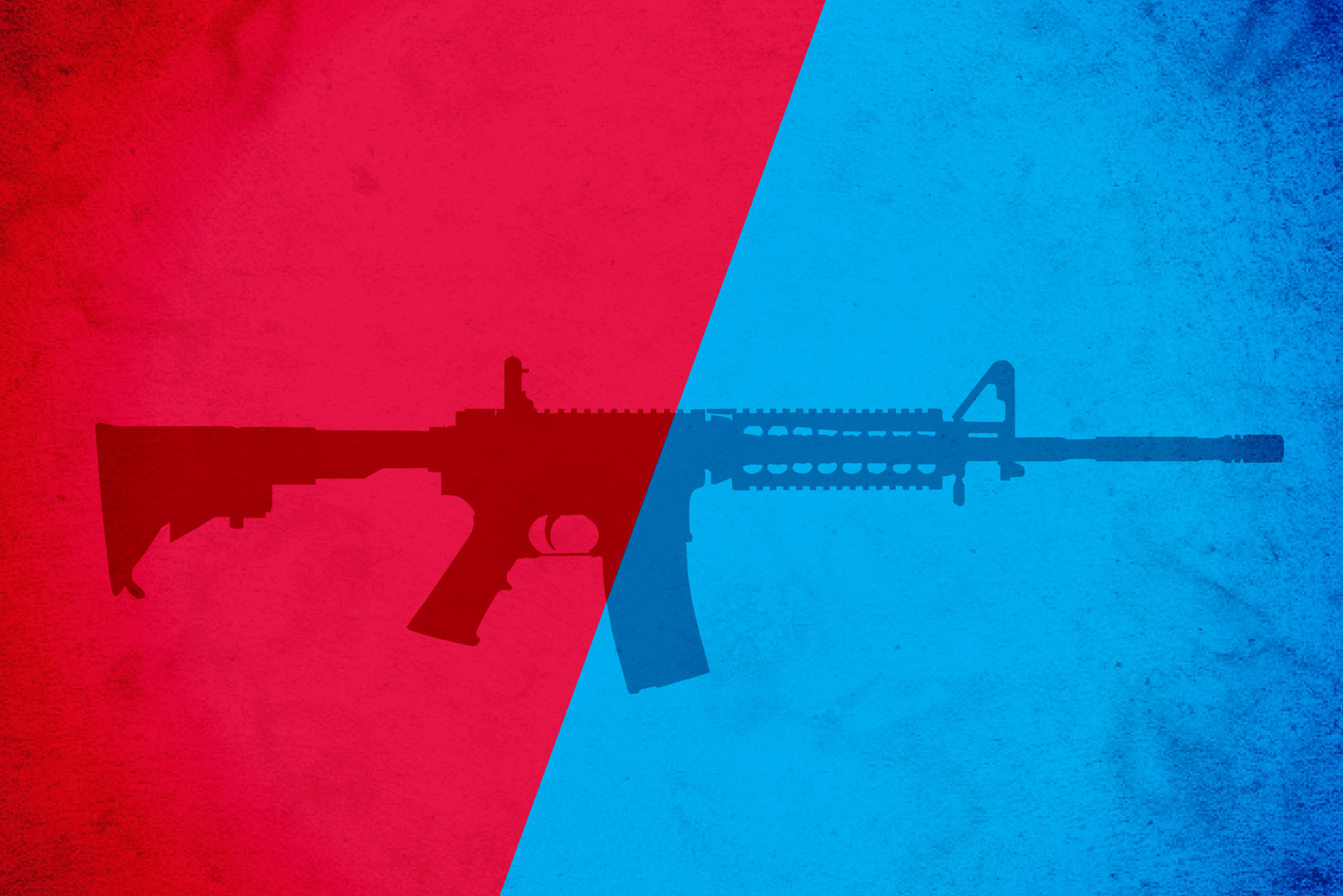 Image: Silhouette of an AR-15 rifle center on a red and blue background. Red and blue background are separated in half vertically diagonal and splits the rifle into a red and blue half.