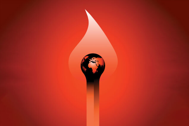 Image: Illustration of a large, lit match. The flame on the match is clear, while the head of the match depicts a miniature Earth. Image shown on a vibrant, red background.