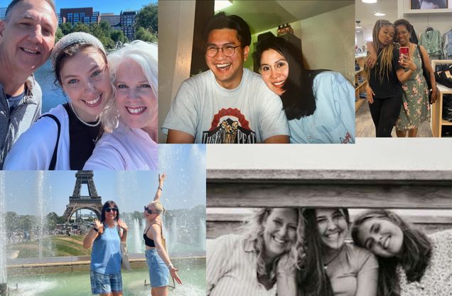 This is a photo collage of Boston University students with their parents. The top left photo is courtsey of Sofia Harris and it is a selfie of her and her parents. To the right, the photo is courtesy of Paul Hain and both of his parents are shown laughing, looking happy. To the right of that, the photo is of Ahsley Facey and her mother taking a selfie in the mirror of a store. Below Facey's photo, there is a photo from Lexi Scarcskopf. The photo is in black and white and it shows her, her sister, and her mother leaning on each other smiling. The last photo is to the left of that and it is courtesy of Fia McCarty and her mother in front of the fountains, outside of the Eiffel Tower in Paris, France. The sun is shining and they are in summer attire, smiling and posing for the camera.