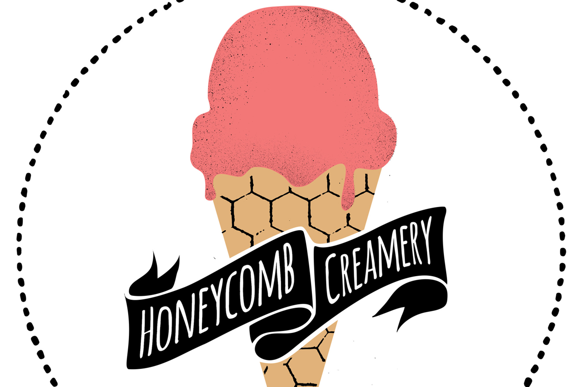 Photo: A picture of the Honeycomb Creamery logo, feauturing a pink-colored ice cream on a cone with a honeycomb pattern