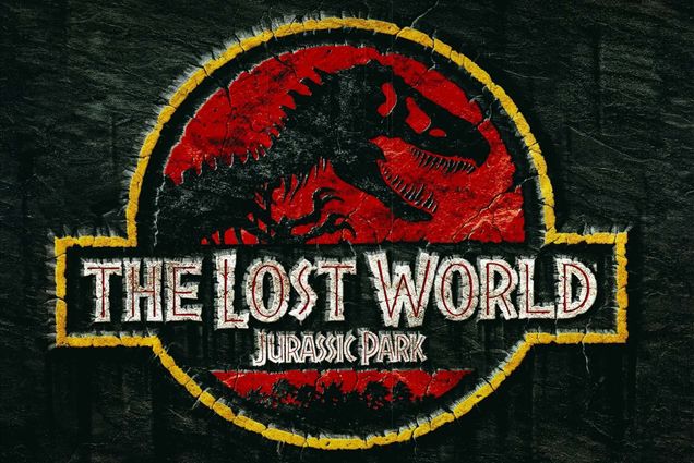 Movie Poster for Jurassic Park: The Lost World, with a large dinosaur in front of a red and black background