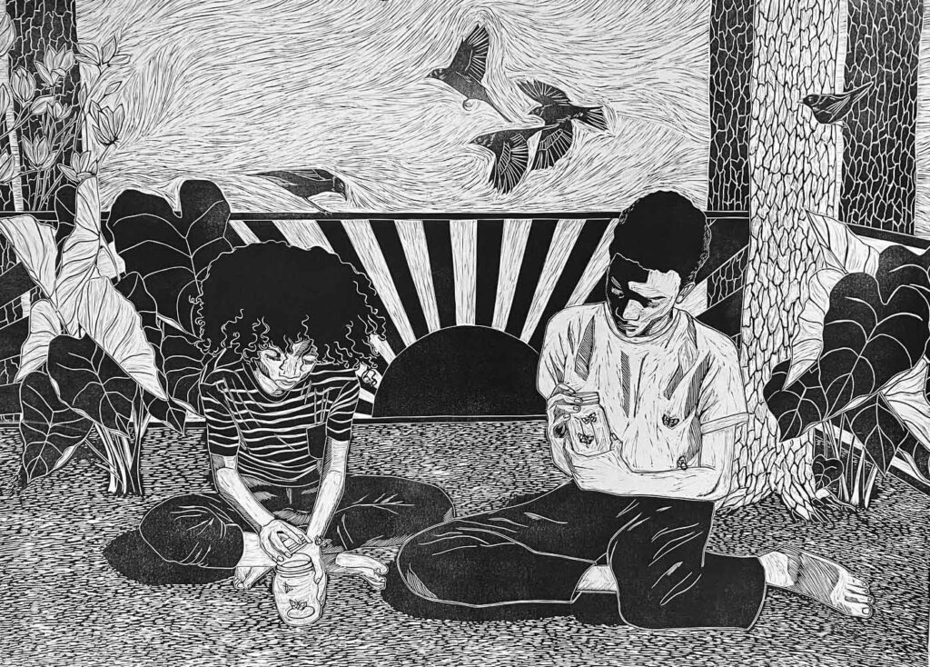 Image: Chloe Alexander's linocut artwork: "Catch and Release". Art shows two young people playing in a ayrd. The child on the right holds a glass jar holding two butterflies. Behind them a sun and birds can be seen.