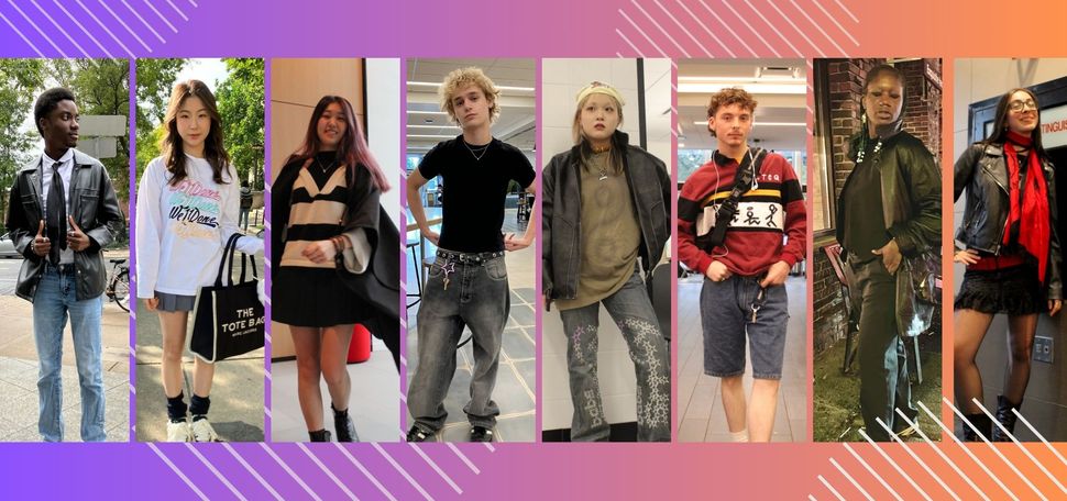 Composite image: Multiple young people in fashionable outfits are cropped together into a single image on top of a rainbow gradient background