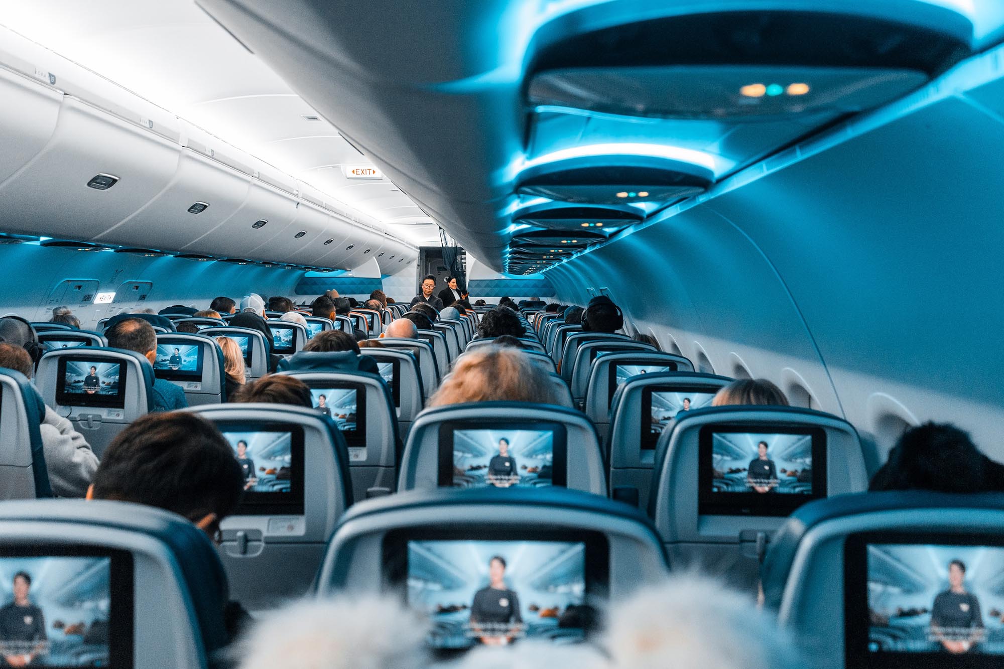 Photo: People are shown seated for an airline flight, all watching the small screens in front of them as it goes through a safety demonstration.
