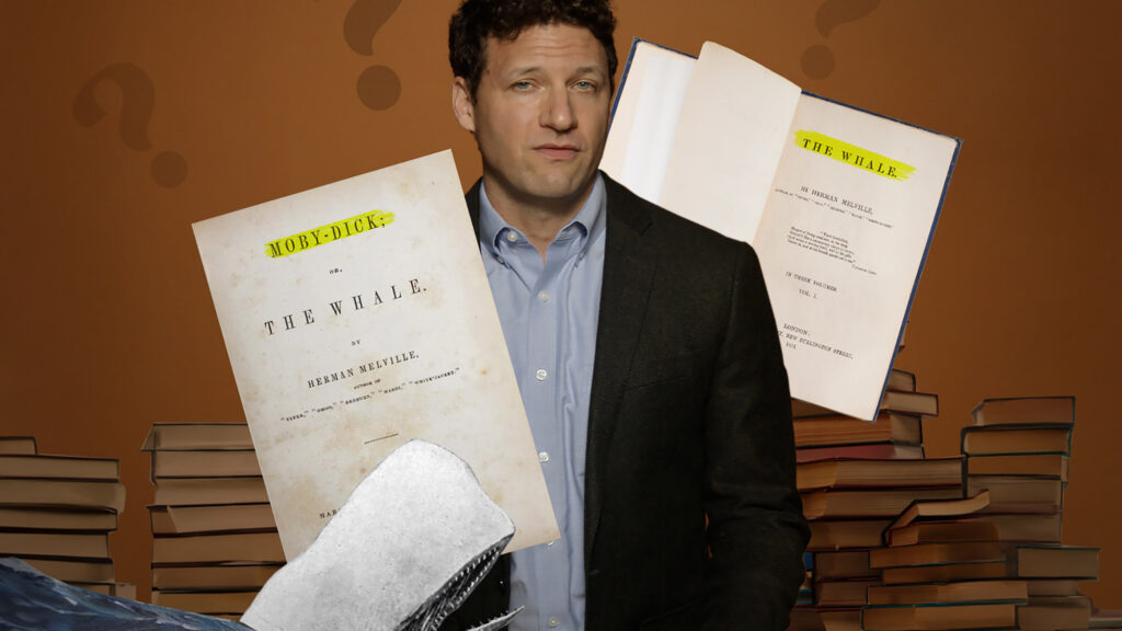 Image: Creative collage features headshot of Joseph Rezek, a white mamn with short curly hair and wearing a light blue colalred shirt and black blazer, old manuscripts of "Moby Dick" and "The Whale" and stacks of older books all on a brown background.