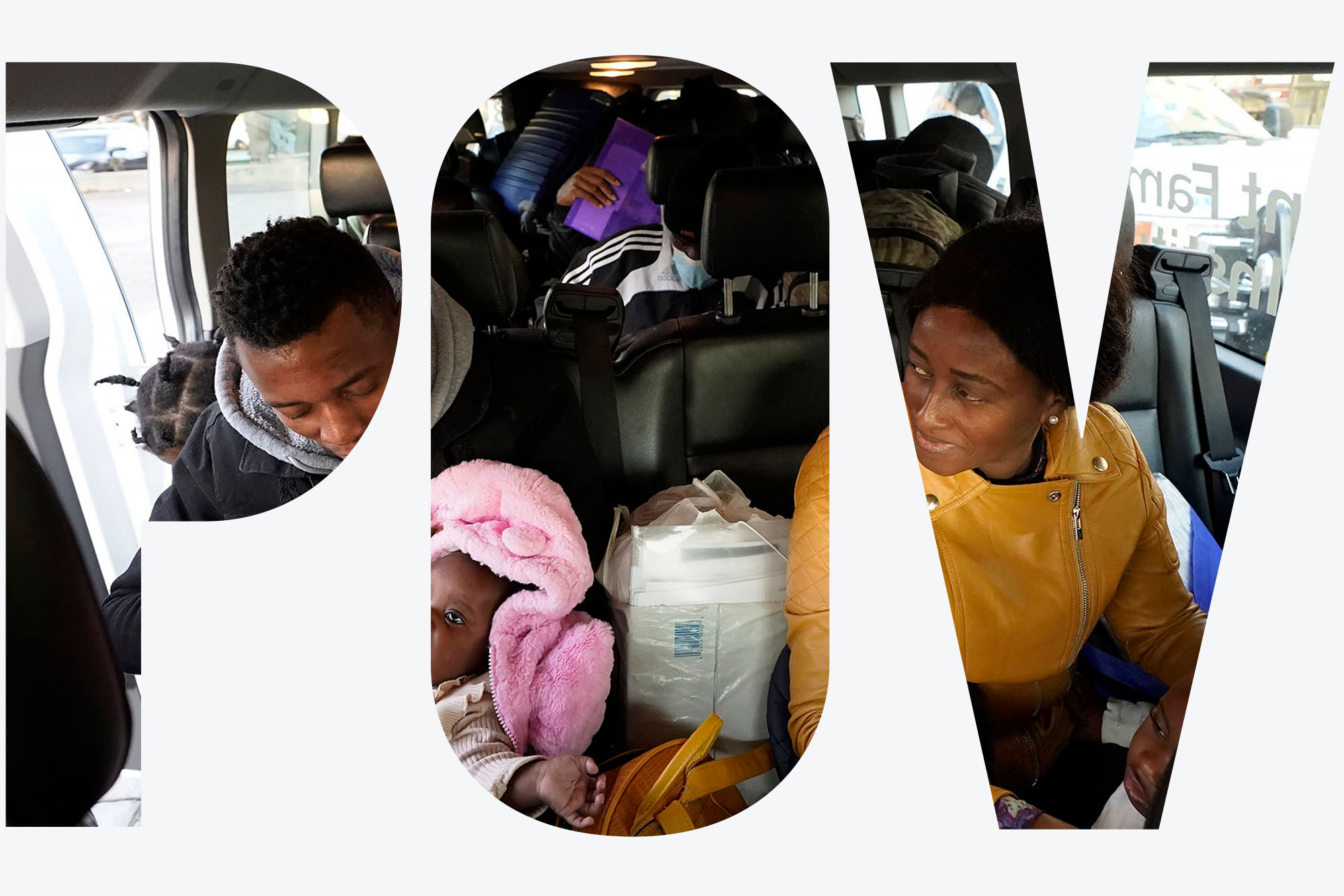 Photo with text overlay reading "POV": A family of immigrants in a car full of luggage in Boston, MA, heading for a shelter in Quincy MA