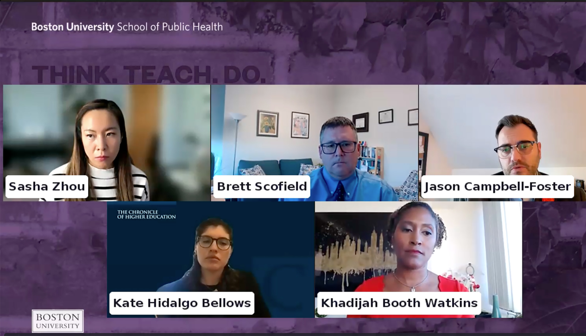 Photo: A screen shot of an online seminar with five individuals, all in their allocated screens. The background is purple with a small image overlay.